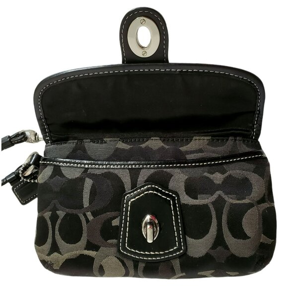 Coach Signature Wristlet Clutch Purse Flap Black Brown Wallet Strap Turn Lock - Picture 3 of 13